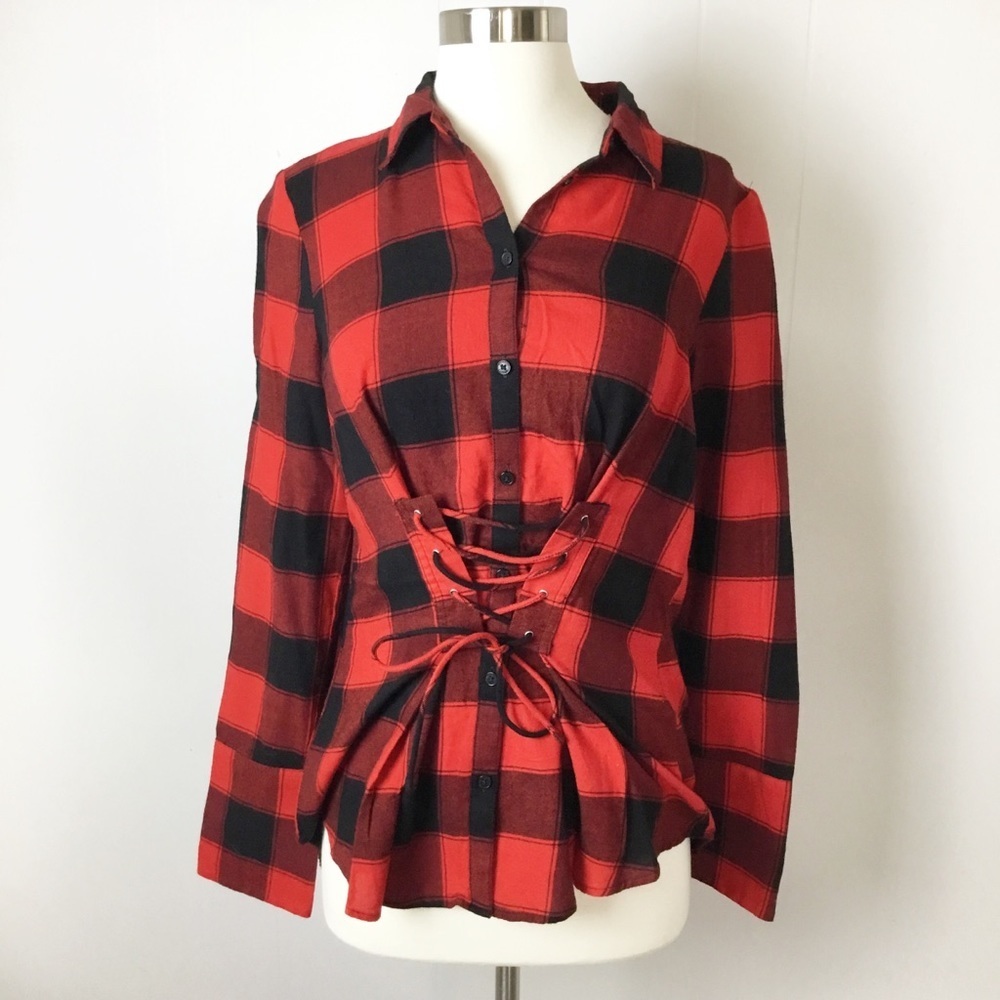 Express Red & Black Plaid Long Sleeve Shirt Size S New Womens